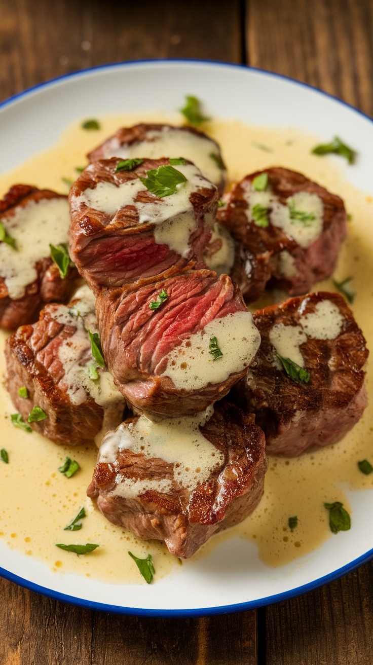 Garlic butter steak bites in creamy Parmesan sauce, garnished with parsley on rustic table.